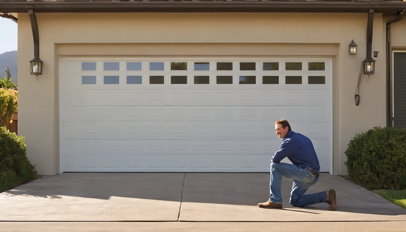 Friendly garage door provider inspecting the springs and track of a residential garage door in Orange while a homeowner looks on